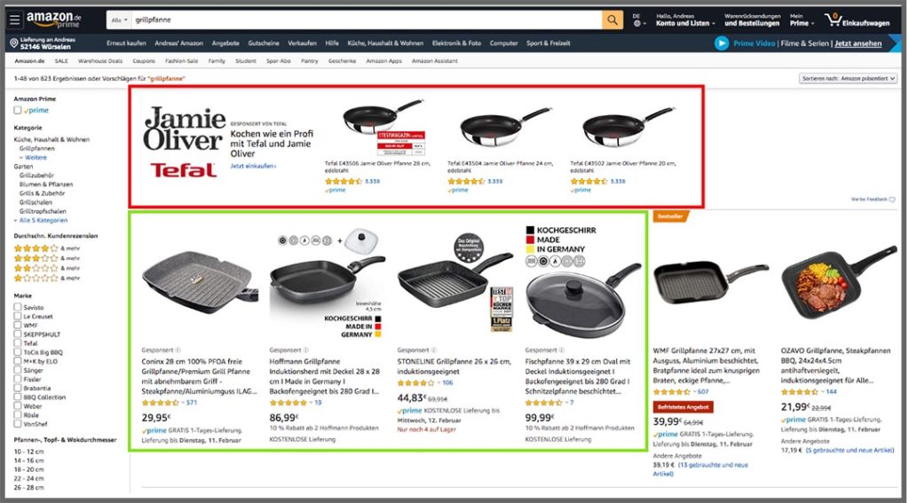 Amazon Result Page mit Sponsord Brands & Sponsored Products